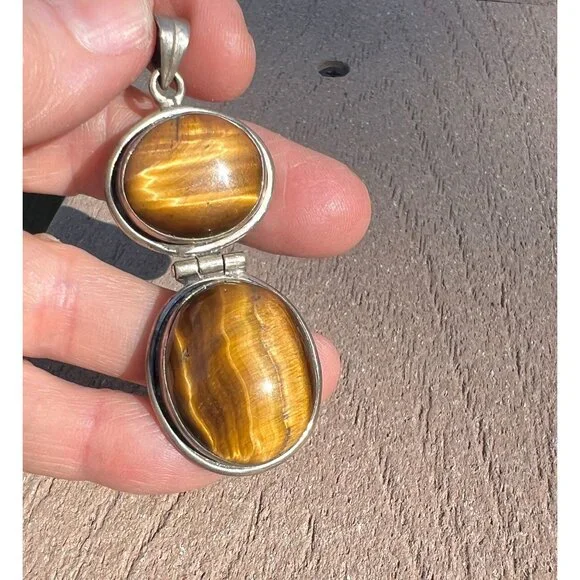 Sterling Silver Tiger's Eye Double Oval Pendant VTG 925 2.5